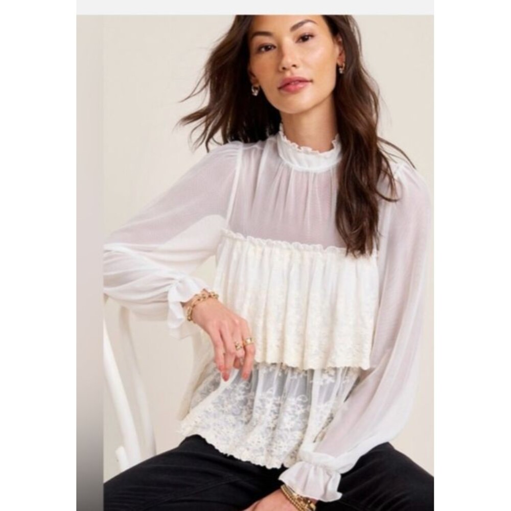 FRANCESCA'S Sheer Mesh Tiered High Neck Blouse Small Ruffles Ivory Romantic